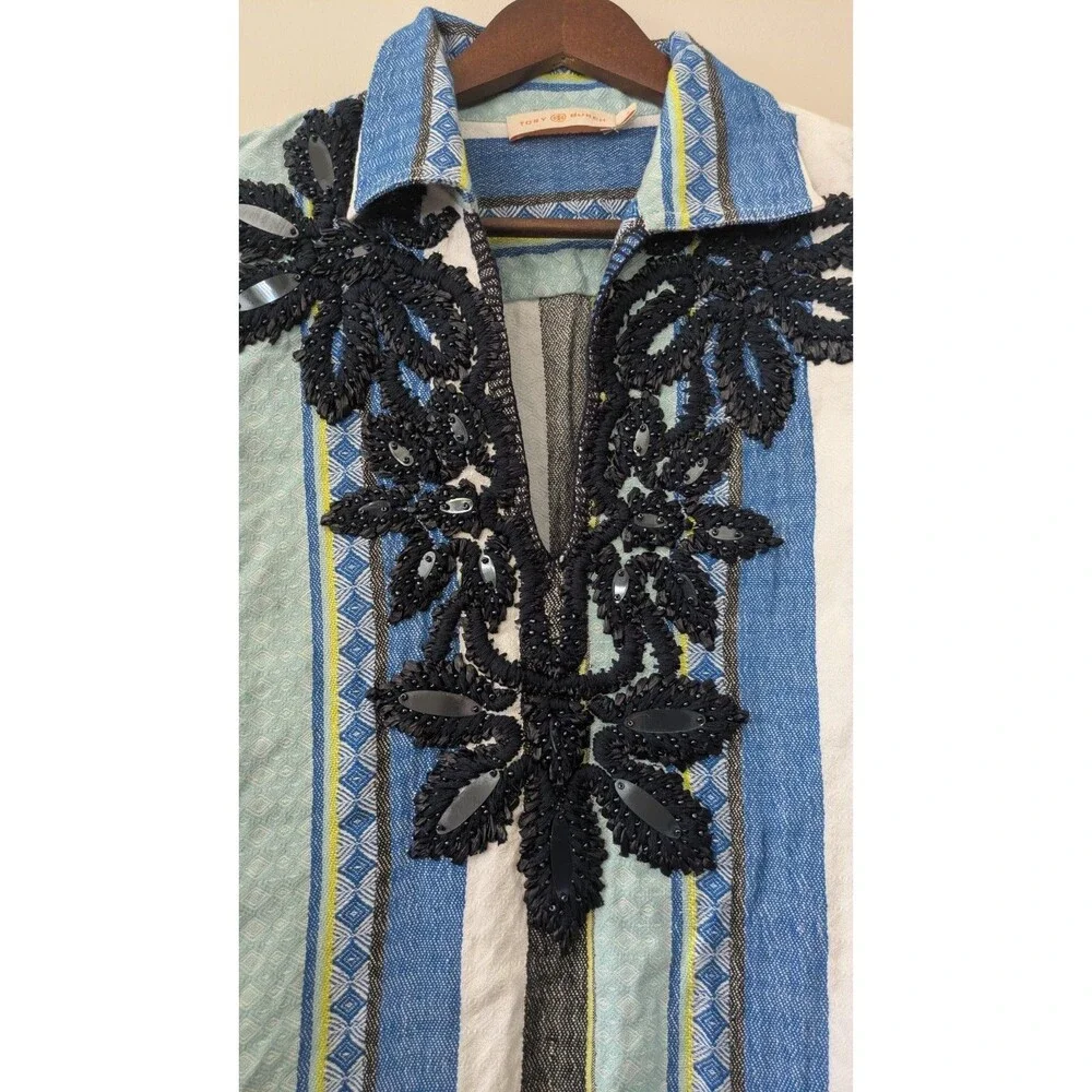 Tory Burch Embroidered Beaded Dress Sz 4 Relaxed Coastal Blue Stripe Collar $548